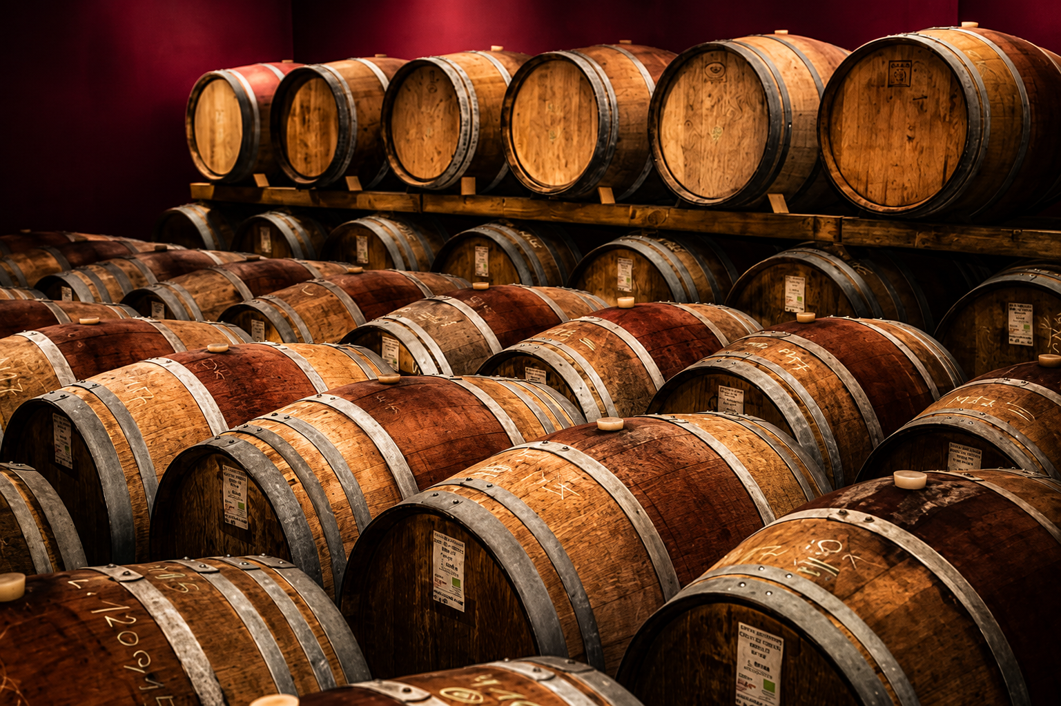 Botti per l'affinamento del vino nella cantina